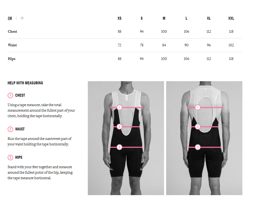 Rapha 2025 bib sizing